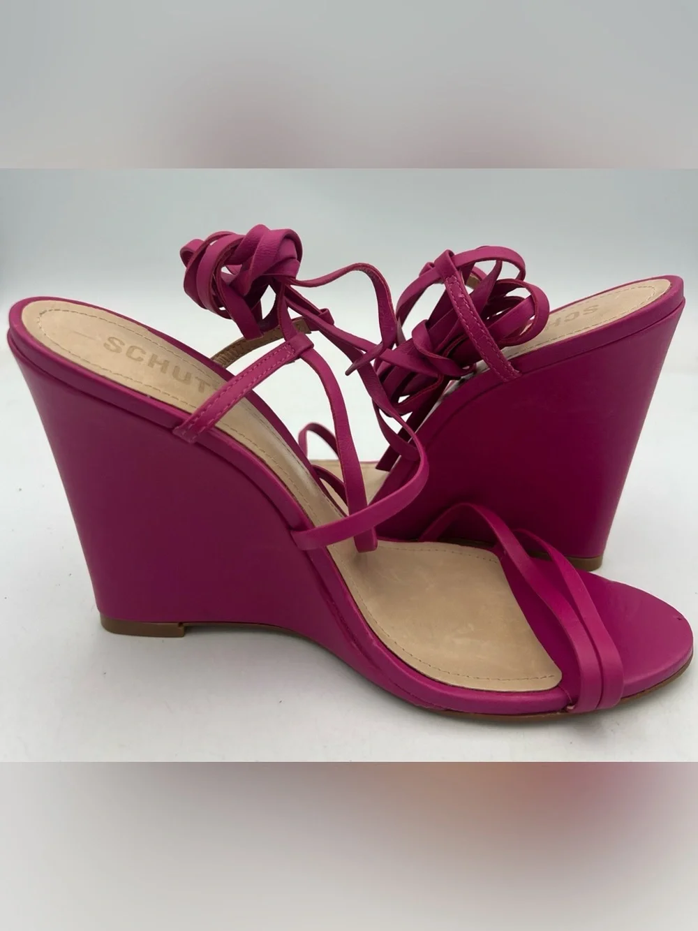 SCHUTZ Deonne Strappy Fuchsia Wedge Nappa Leather Sandals Ankle Strap Size 8.5B
